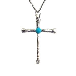 Silver Stainless Steel Turquoise Stone Cross Necklace Hammered 18" Chain Blue